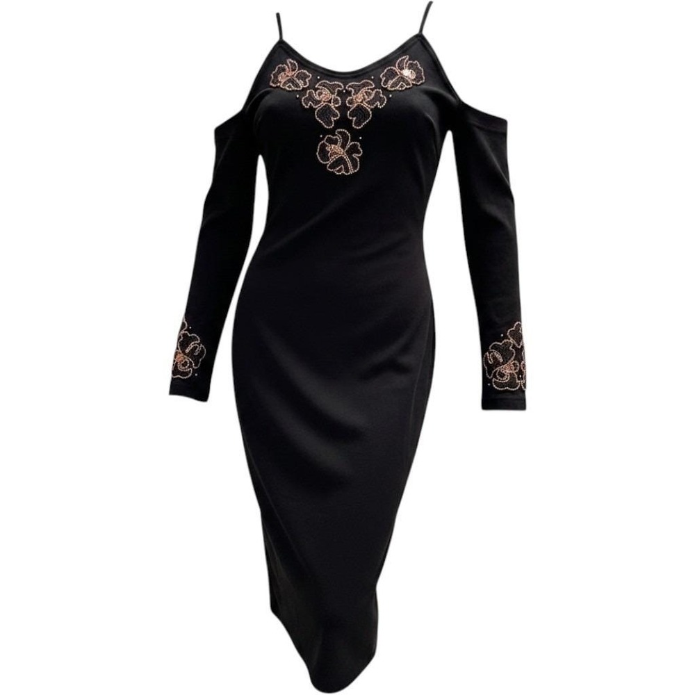 Vintage 90s Contempo Casuals Maxi Dress Womens S Black Excellent Beaded Floral